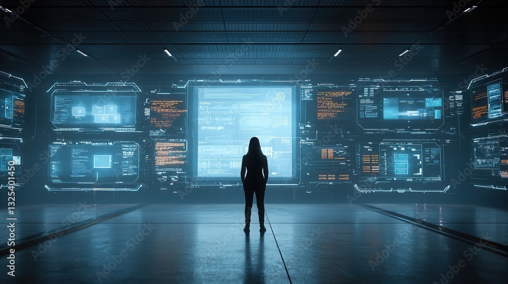 Poster a silhouetted figure stands amidst a high tech logistics center surrounded by illuminated screens an