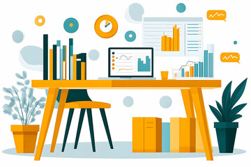 Modern workspace with laptop, documents and charts