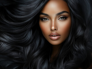 Fototapeta premium woman with long, flowing black hair and striking features, exuding confidence and beauty. Her radiant skin and captivating eyes enhance her allure