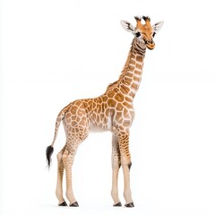 Obraz premium Adorable Baby Giraffe Portrait Against White Background A heartwarming image of a young giraffe, showcasing its delicate features