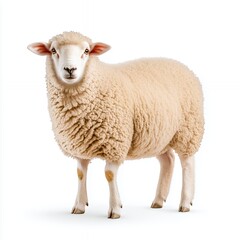Fototapeta premium Close-up portrait of a fluffy sheep against a pristine white background, showcasing its soft, creamy beige wool and calm demeanor.