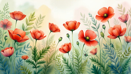 Scarlet Poppy Fields – Watercolor Painting of Vibrant Poppy Fields with Bold Red Flowers & Lush Green Stems, Fluid Brushwork, Bright Petals & Deep Foliage Contrast, Warm Summer Ambiance, Poppy Fields 