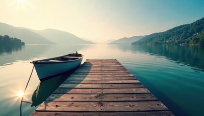 Obraz premium Rustic wooden dock extends over calm lake water, small boat tied , sunlight, blue