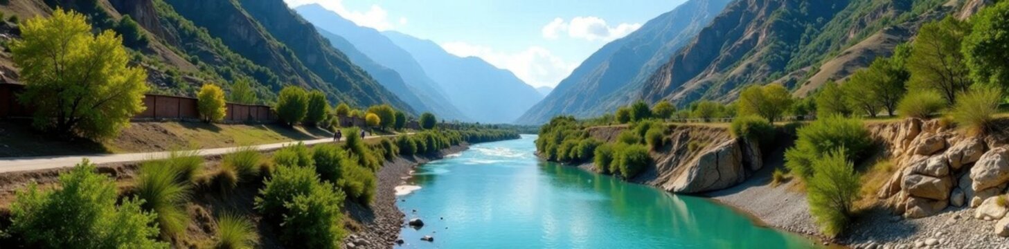 Panoramic view of Parvati River winding through valley, panoramic, Tosh, aerial