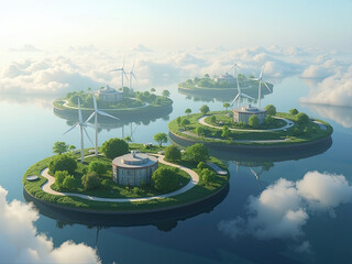 Obraz premium Floating islands with sustainable cities