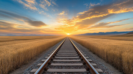 Fototapeta premium scenic view of train tracks leading into golden sunset over fields