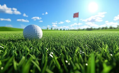 Obraz premium Golf ball resting on lush green grass with a bright sunny backdrop