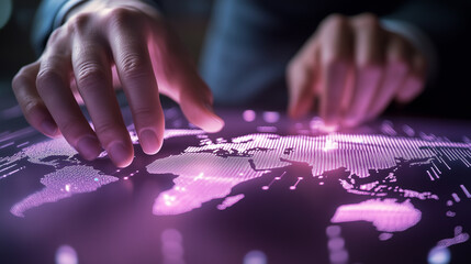close-up of hands over a glowing, digital world map. represents global connections, technology, business, or international relations.