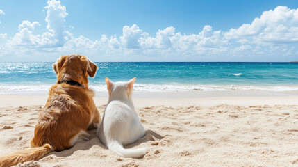 dog and cat relaxing together on sandy beach, enjoying ocean view