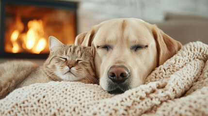 Cozy dog and cat snuggling together by warm fire, enjoying peaceful evening