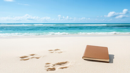 passport rests on sandy beach footprints, evoking travel dreams
