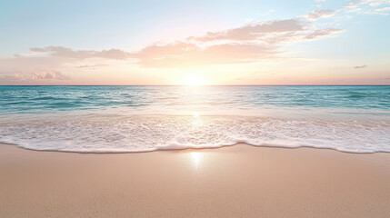 dreamy pastel colored beach at sunset with gentle waves lapping shore
