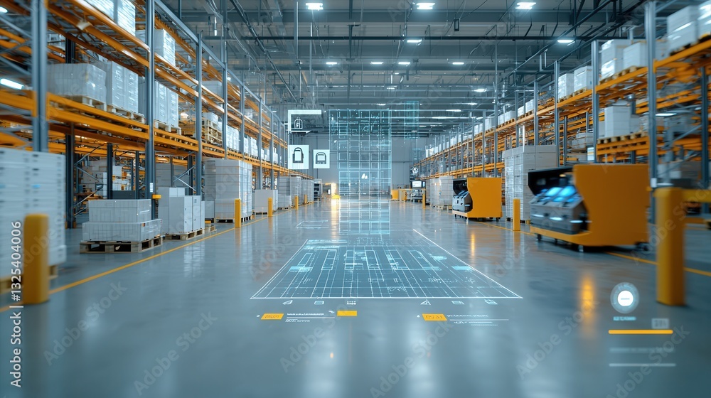 Poster a modern highly efficient warehouse facility that leverages advanced digital technologies and automa