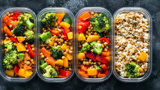 Colorful meal prep containers showcasing healthy vegetable and grain combinations in a seamless layout