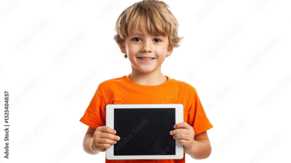 Poster smiling child showing digital tablet with blank screen on transparent background