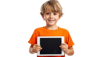 Smiling child showing digital tablet with blank screen on transparent background