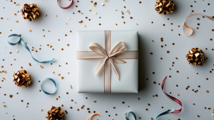 beautifully wrapped gift box with ribbons and confetti for celebrations