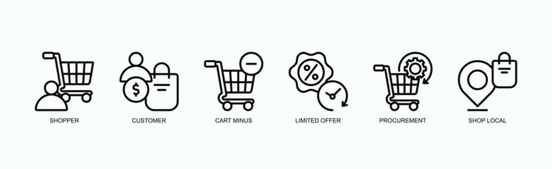Smart Commerce Icon Set Isolated Vector Illustration Concept With Icon Of Shopper, Customer, Cart Minus, Limited Offer, Procurement, Shop Local In Outline Style