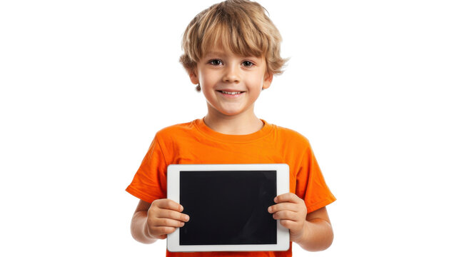 Smiling child showing digital tablet with blank screen on transparent background - Powered by Adobe