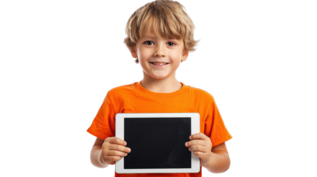 Smiling child showing digital tablet with blank screen on transparent background