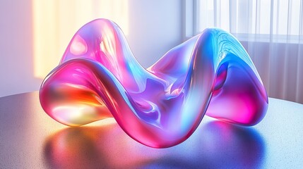 Fototapeta premium A vibrant abstract iridescent sculpture sits atop a dark table