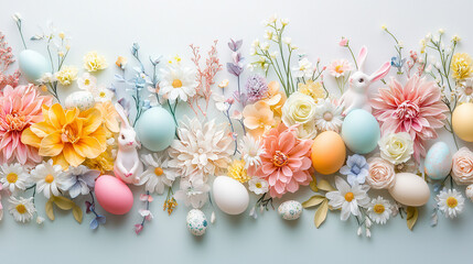 joyful Easter composition featuring vibrant flowers, colorful eggs, and playful bunnies, creating festive atmosphere