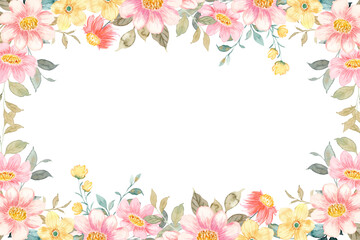 Watercolor flowers background for design. Floral border frame card template.