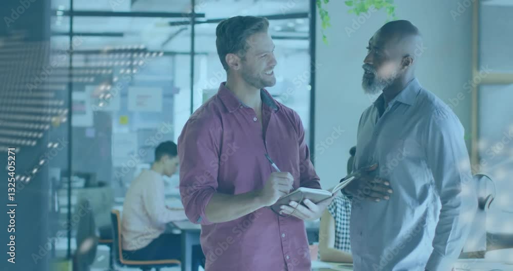 Poster two men discussing in office with software code animation overlay