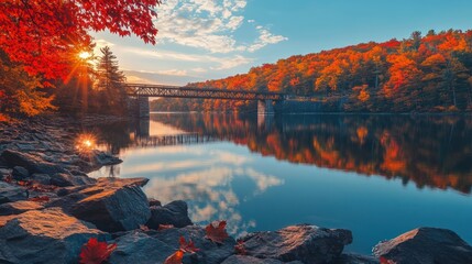 Autumn Reflections: Tranquil Lake Scene with Vibrant Foliage and Bridge