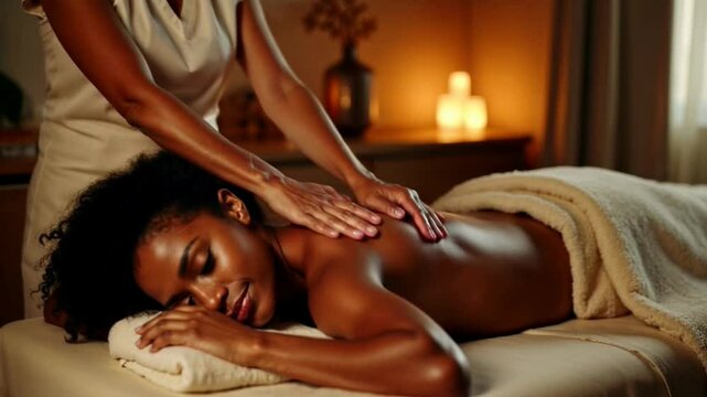 Professional masseuse giving relaxing back massage to young african woman lying on massage table with her eyes closed and smiling in spa with candles, peaceful and tranquil atmosphere
