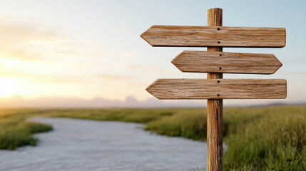 Rustic wooden road sign at crossroads in serene landscape
