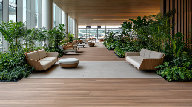 serene airport garden featuring leisure seating and lush greenery - Powered by Adobe