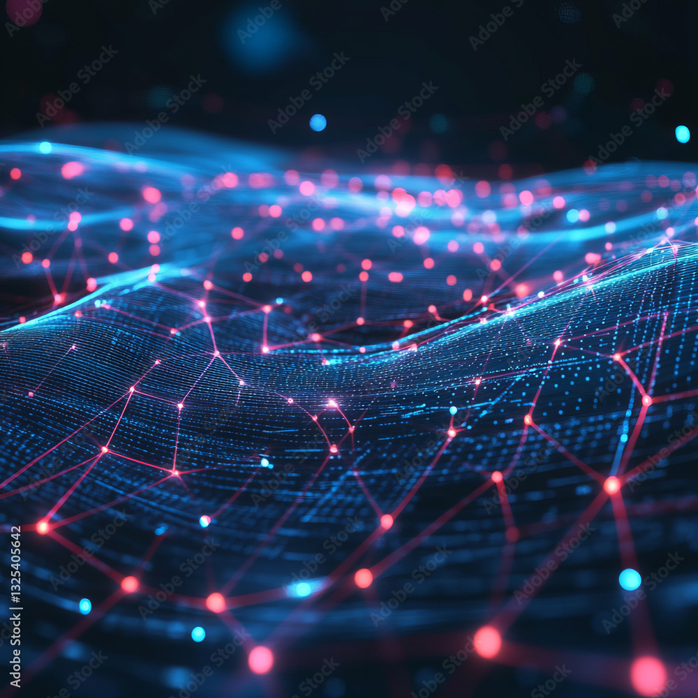 Poster abstract digital landscape with glowing red and blue network of lines and nodes