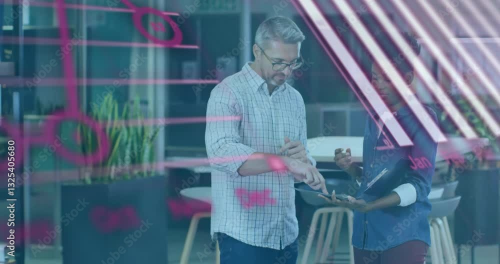Poster discussing digital data processing animation, business professionals in modern office setting