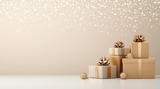 An elegant and luxurious display of golden gift boxes wrapped in shimmering ribbons surrounded by sparkling ornaments and glittering accents creating a captivating and celebratory atmosphere