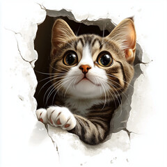 a cute Tabby cat, hole in the wall
