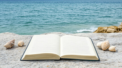 open travel journal on rocky shore with seashells nearby evokes inspiration