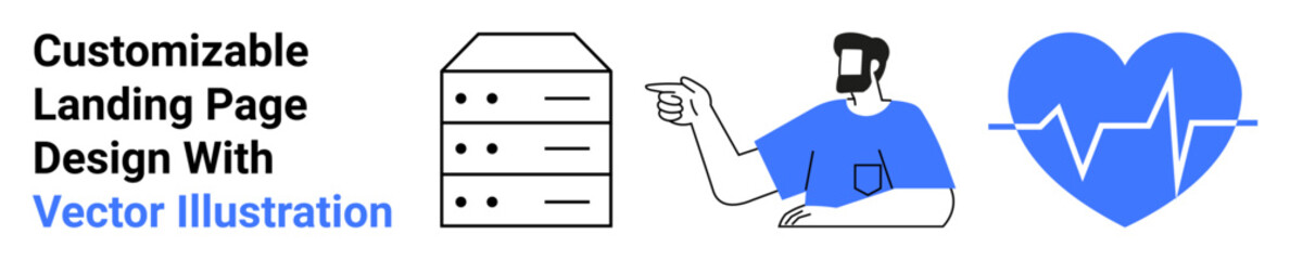 Server rack, man pointing, blue heart with pulse line. Ideal for tech, healthcare, IT management, data storage, diagnostics innovation education. Flat landing page banner