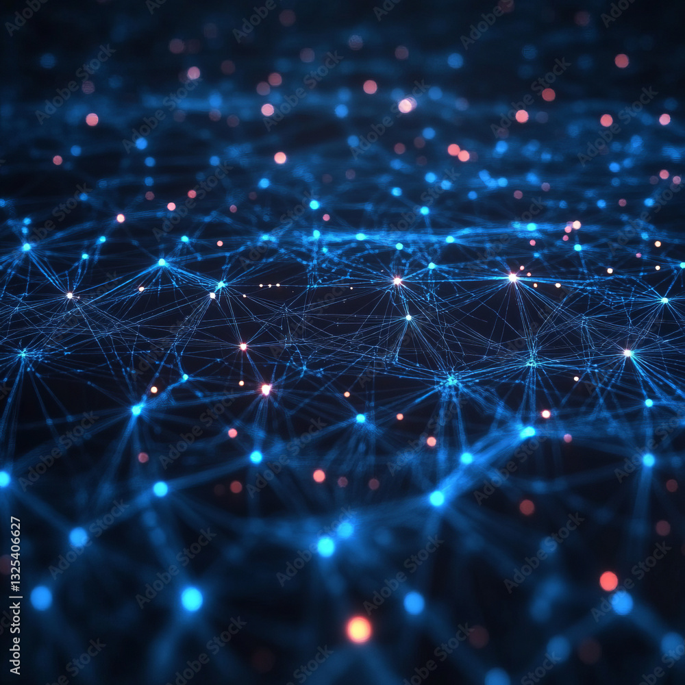 Poster abstract digital network of glowing blue and orange nodes with interconnecting lines