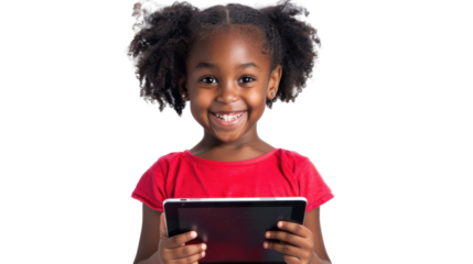 Smiling girl holding tablet with transparent background