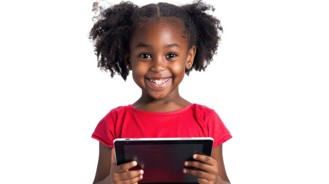 Smiling girl holding tablet with transparent background