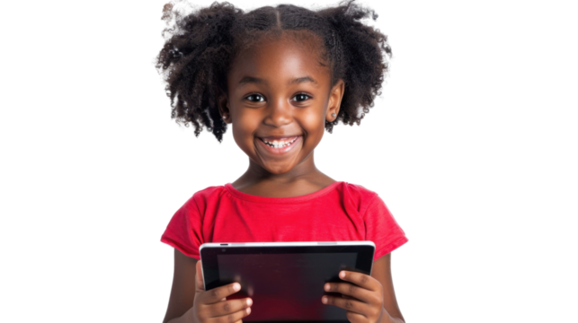 Smiling girl holding tablet with transparent background - Powered by Adobe
