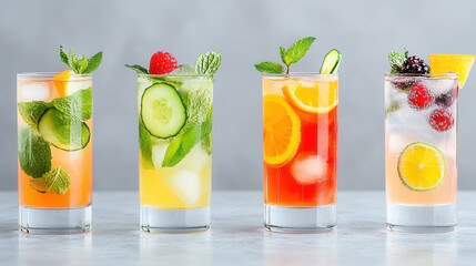 A visually captivating arrangement of four exquisitely presented cocktails each showcasing a unique blend of fresh fruits herbs and garnishes for a refreshing and sophisticated drinking experience