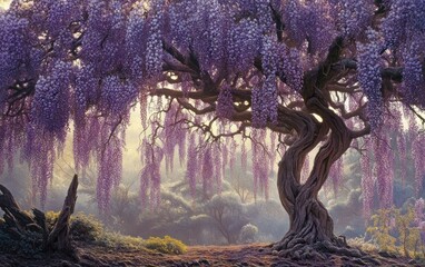 Enchanting Wisteria Tree: A Serene Landscape of Cascading Purple Blooms