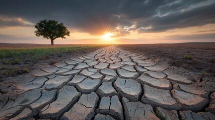 Sunset over Cracked Earth and Solitary Tree