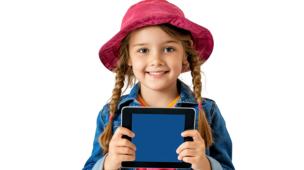 Smiling girl showing digital tablet with transparent background