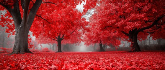 Spectacular Autumnal Display: A Forest of Red Leaves and Moody Ambiance