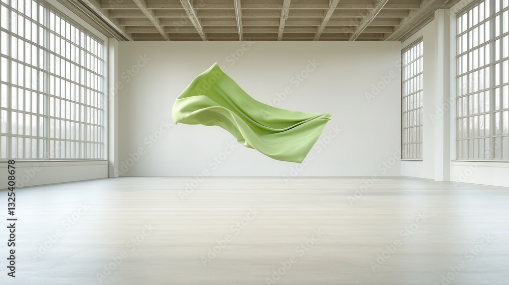 Poster a captivating and ethereal scene featuring a floating green fabric gracefully suspended in a minimal