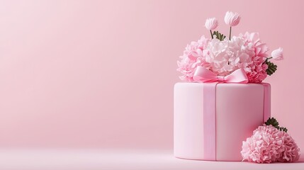 A pastel pink gift box adorned with flowers, creating a charming and festive atmosphere.