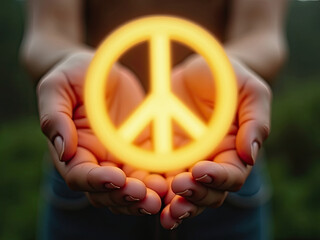 Hands clasping over a glowing peace symbol
